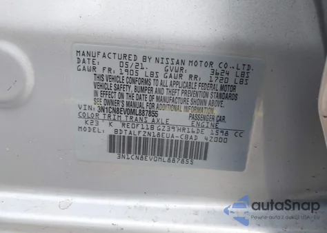 2021 Nissan Versa Sv Xtronic Cvt from USA, damaged, VIN 3N1CN8EV0ML887855